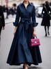 Elegant Long-Sleeve Lapel Dress for Women - Solid Color, Casual Fashion