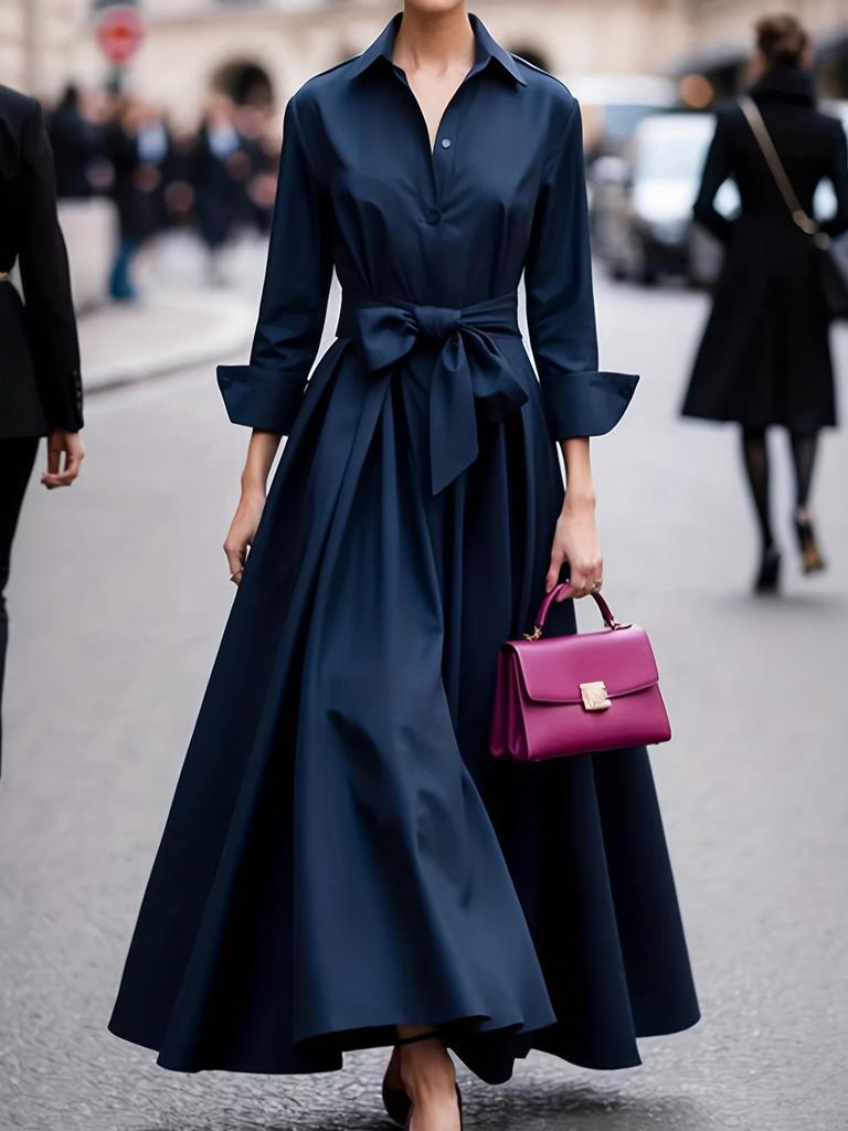 Elegantes Langarm-Reverskleid für Damen - Einfarbig, Lässige Mode