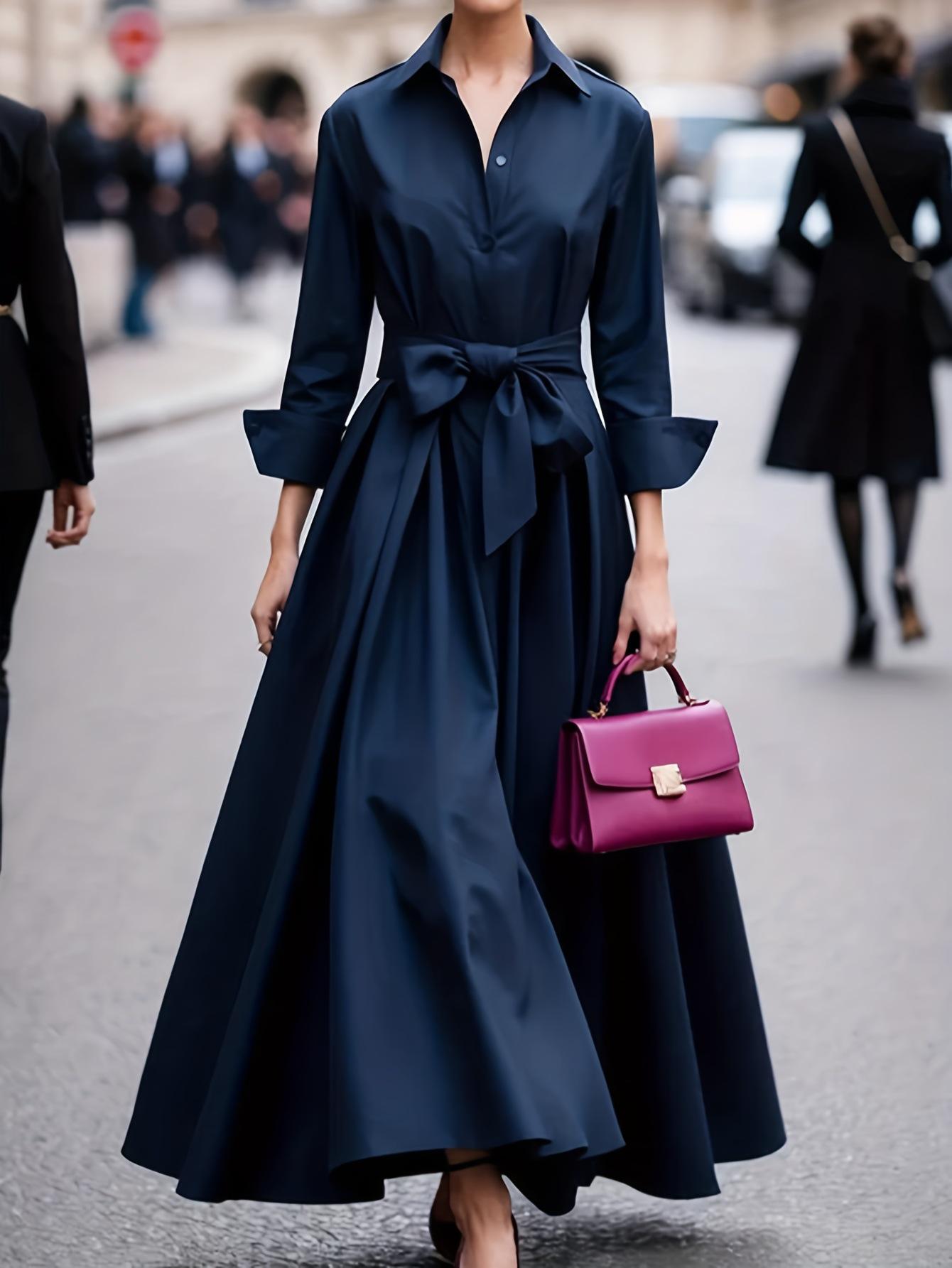 

Elegant Long-Sleeve Lapel Dress for Women - Solid Color, Casual Fashion XXL темно-синий