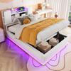 Pat inteligent tapițat pentru copii, 90 x 200 cm, cu iluminare LED, port USB și spațiu de depozitare hidraulic, husă din catifea moale, cadru metalic, bej