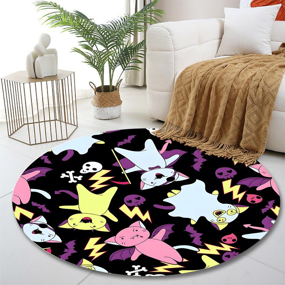 Halloween Cats Pattern on Black Background Print round rug, living room, bedroom, playroom carpet, non slip floor mat, gift