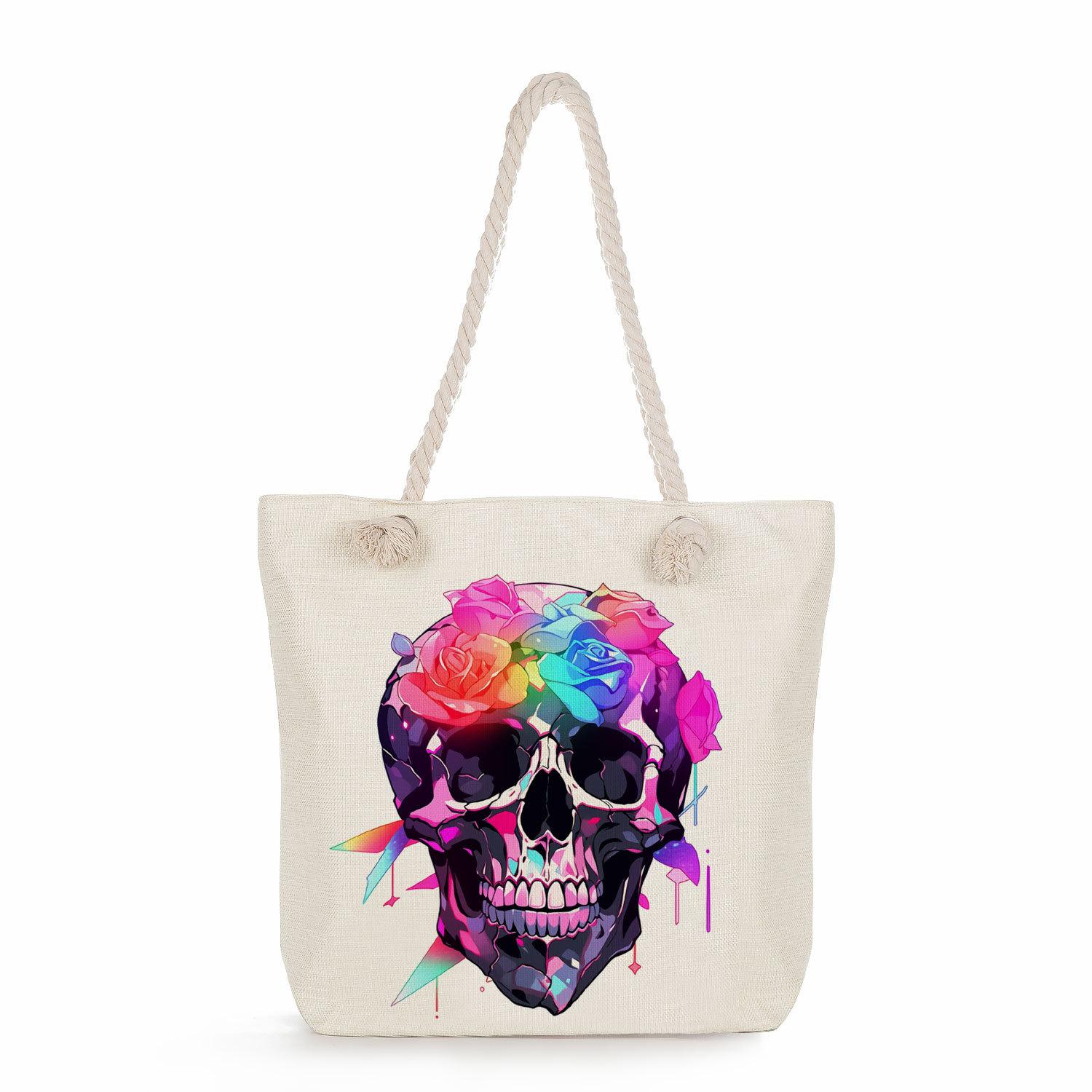 

Flower skull print thick rope single-shoulder beach bag 7348 CLE
