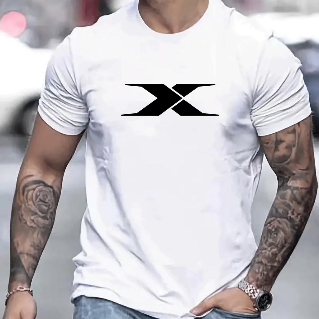 Cotton Summer Men's 100% Cotton Casual Loose Fit Large X Letter Print Round Neck Short Sleeved T-shirt Top High Street Unisex Style