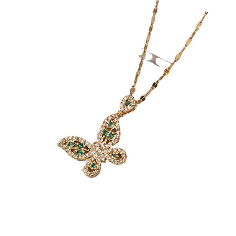 Emerald Butterfly Full Diamond Titanium Steel Clavicle Necklace for Women - Trendy Korean Fashion