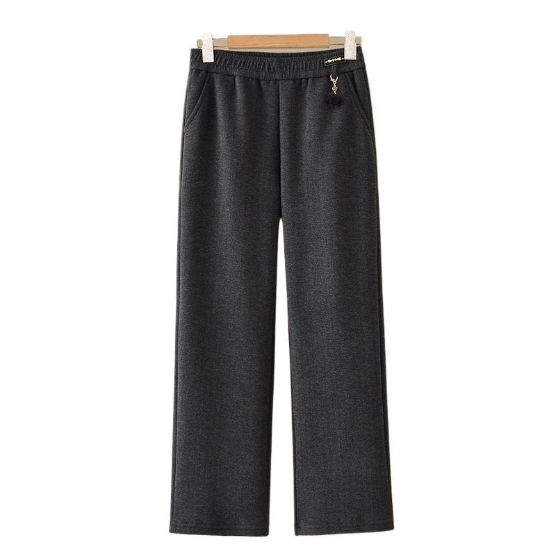 Fleece-Lined Elastic Waist High-Waist Casual Loose Fit Straight-Leg Pants for Middle-Aged and Elderly Women—Ideal for Autumn/Winter.
