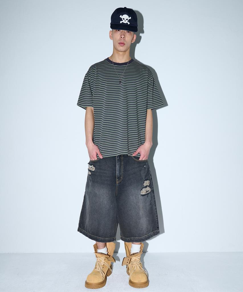 WKNDRS [Koin Seoul] Damaged Striped T-Shirt (Khaki)