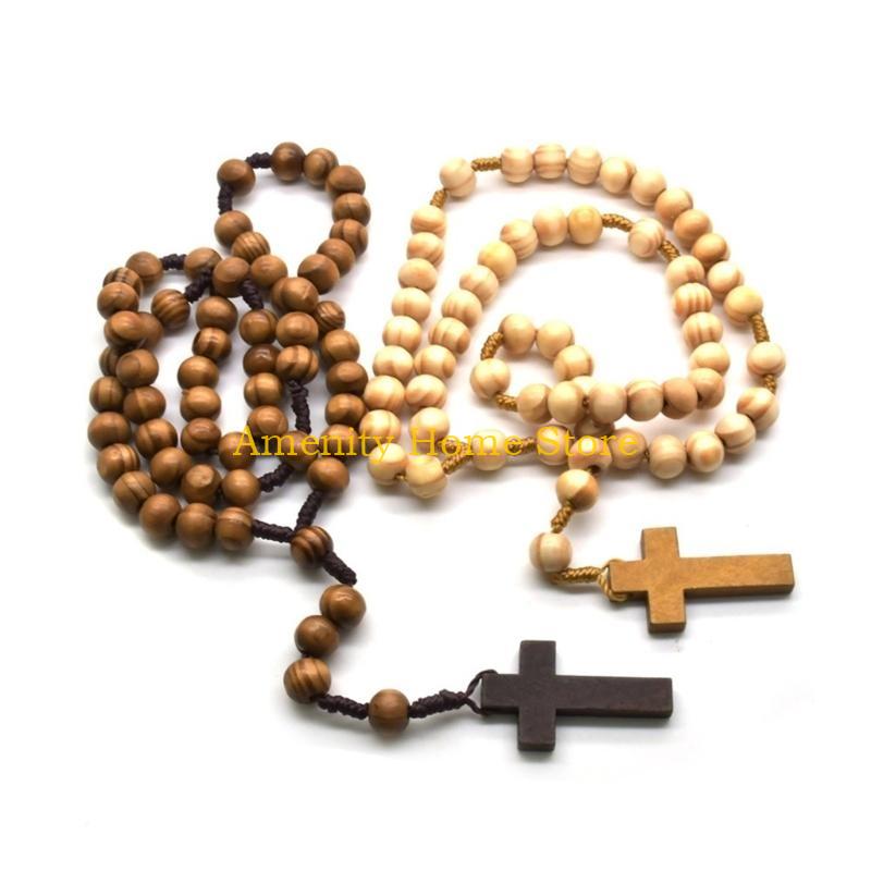 F26C Elegant Catholic Rosary Necklace with Solid Wood Beads and Wooden Crosses Prayer Neckchain for Baptisms Ceremonies Gift