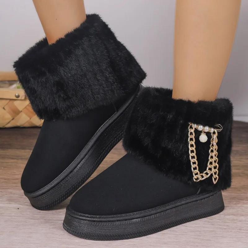 Bottes de neige en velours à plateforme avec chaîne en métal pour femmes, grande taille 36-42, chaussures décontractées à semelles souples, tendance