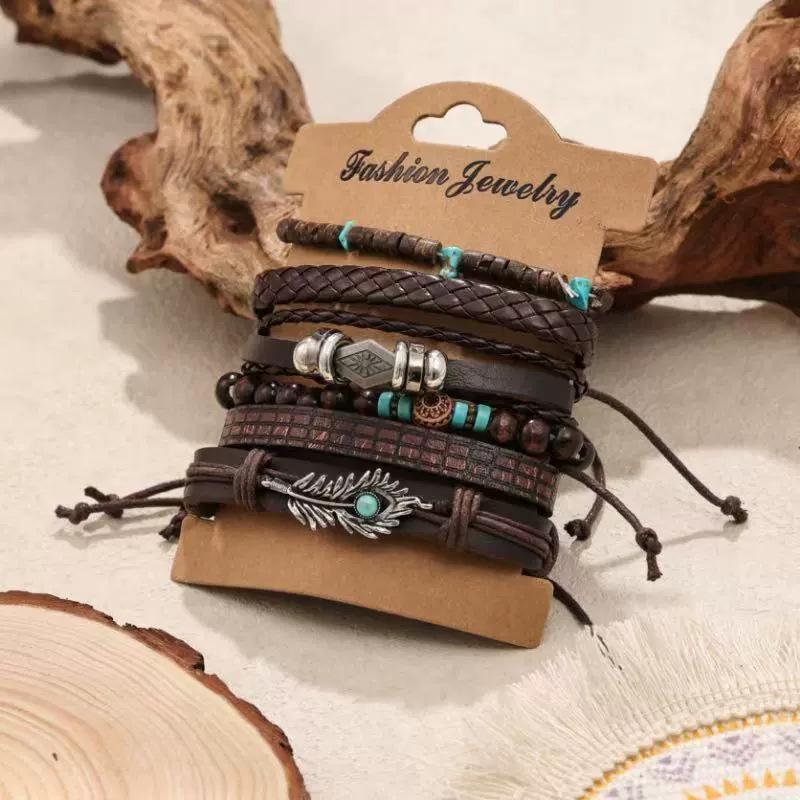 New Wood Bead Beaded Multi-layer Retro Flower Peacock Feather Heart-shaped Hand-woven Set Bracelet