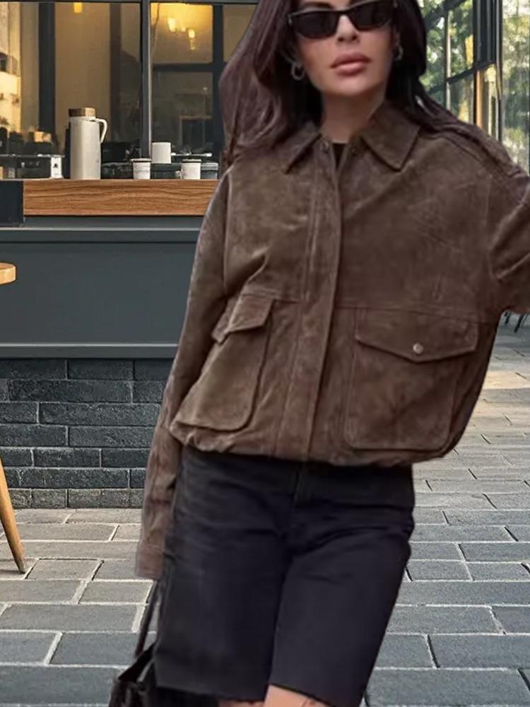 Dámská retro hnědá minimalistická bunda s klopami a zipem: High-End podzim/zima 2025 styl