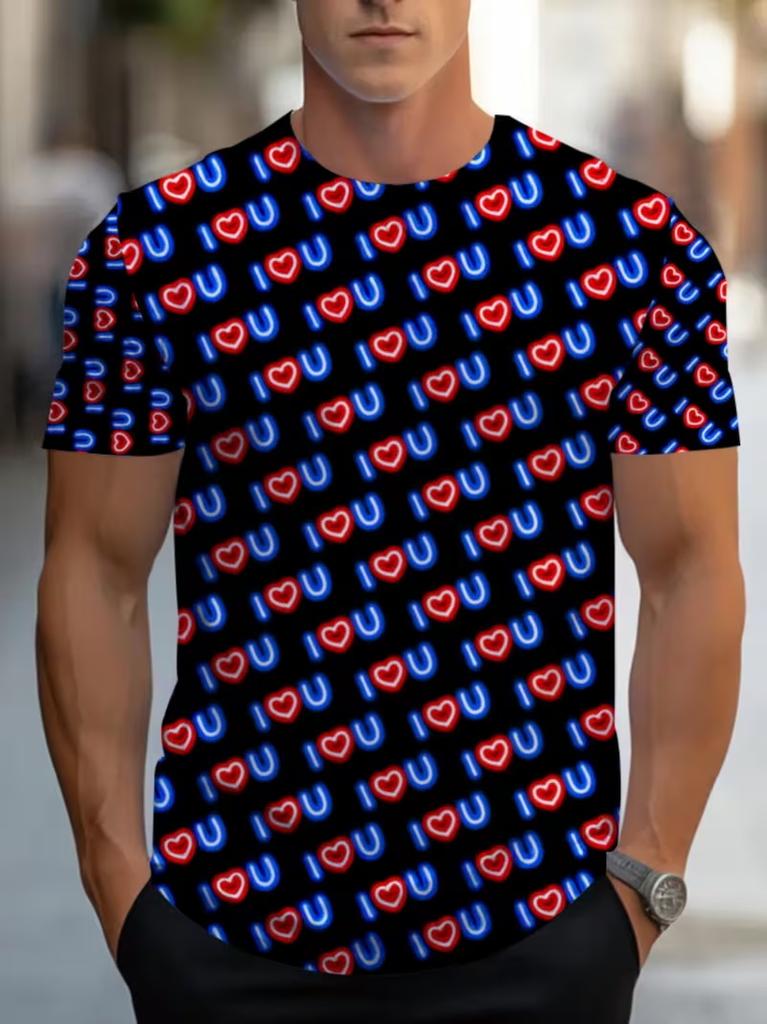 Men'S 3D Digital Print T-Shirt LOVE Graphic Tee Round Neck Casual Shirt For Everyday & Formal Wear Summer Short Sleeve Tees