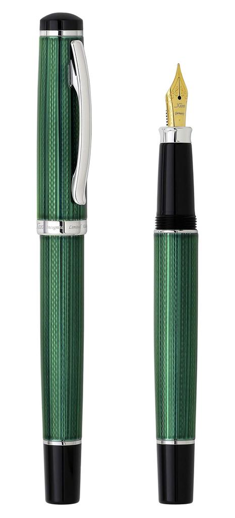 Xezo Incognito Fountain Medium Forest Green Layered Pure Platinum Handcrafted Guilloche Limited Edition Pen, Nib, Lacquer, Plated, & Stamped,