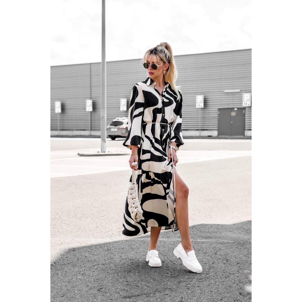 2023 European & American Style Printed Shirt Dress with Pockets - Casual Autumn Long Skirt with Tie