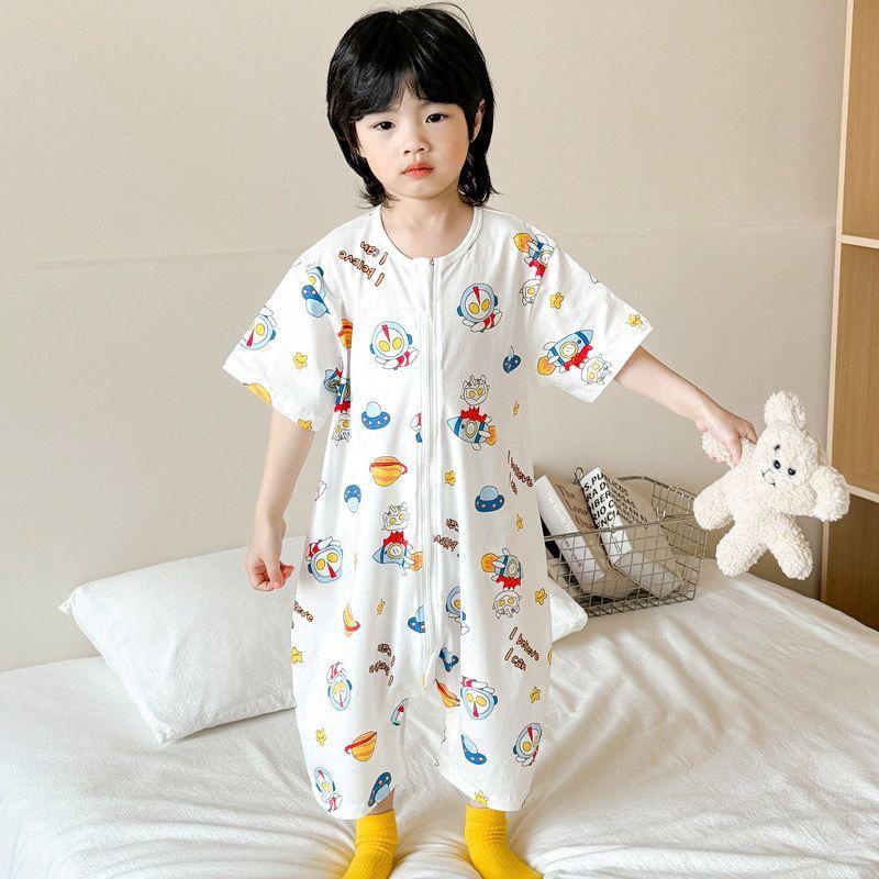 Lightweight Pure Cotton Short Sleeve Baby Sleeping Bag - Anti-kick, Breathable One-piece Pajamas & Crawling Romper for Home Wear