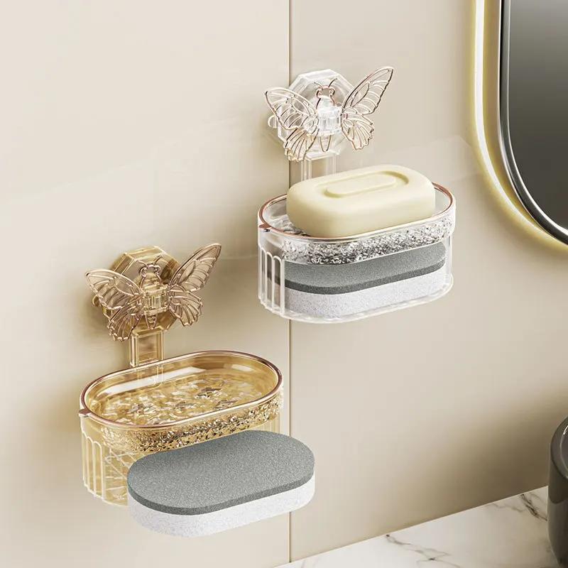 1PCS Butterfly Suction Cup Soap Holder Double-Layer Soap Box with Sponge No Drilling Drainage Water Soap Storage Bathroom Shelf