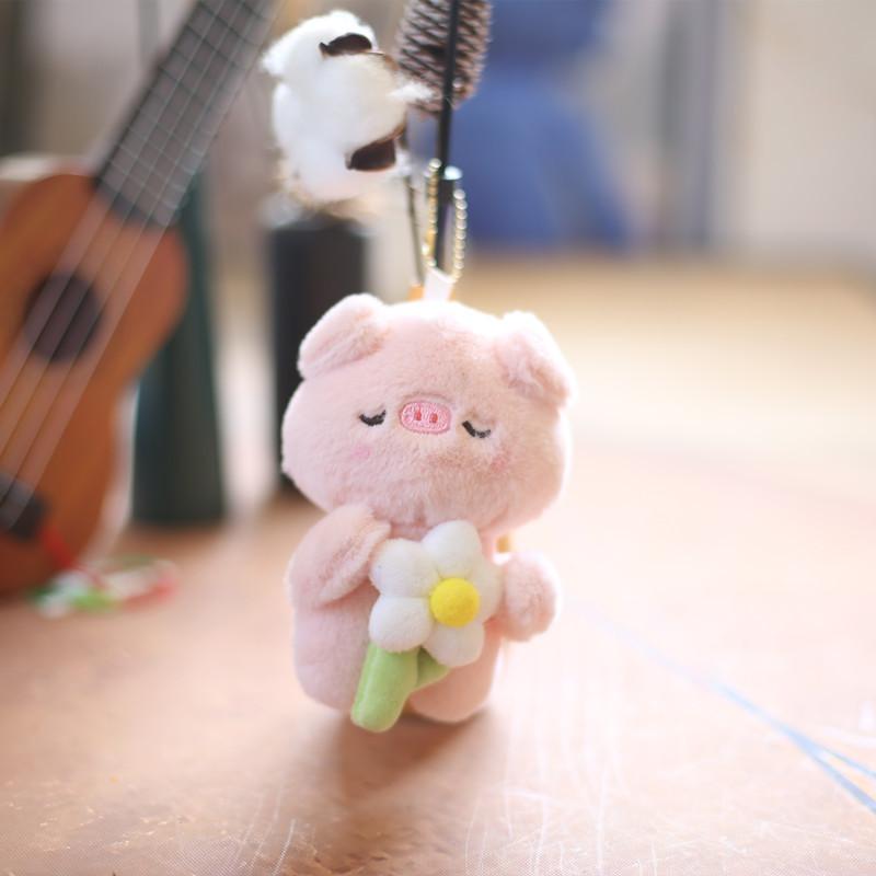 Fluffy Pig Plush Keychain Soft Animal Backpack Decoration Cute White Pink