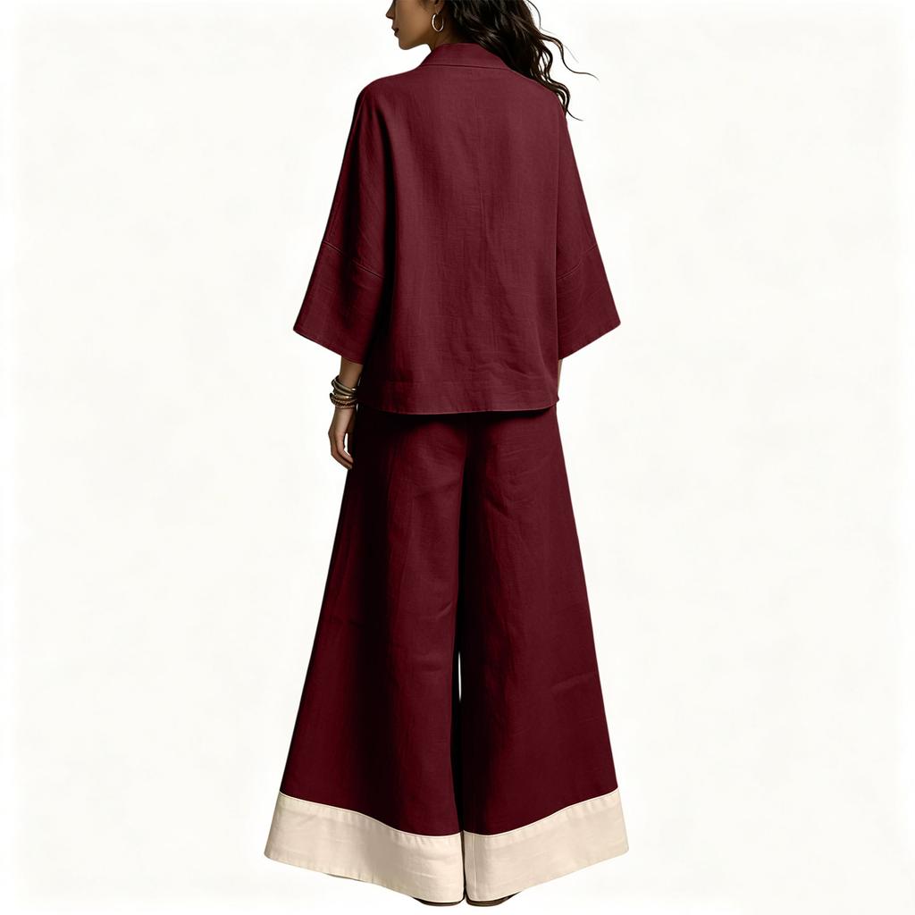 Women's 2 Piece Casual Loungewear Outfit Set - V Neck Top with 3/4 Bell Sleeve Cuffs and Wide Leg Pants, for Spring and Summer Wear