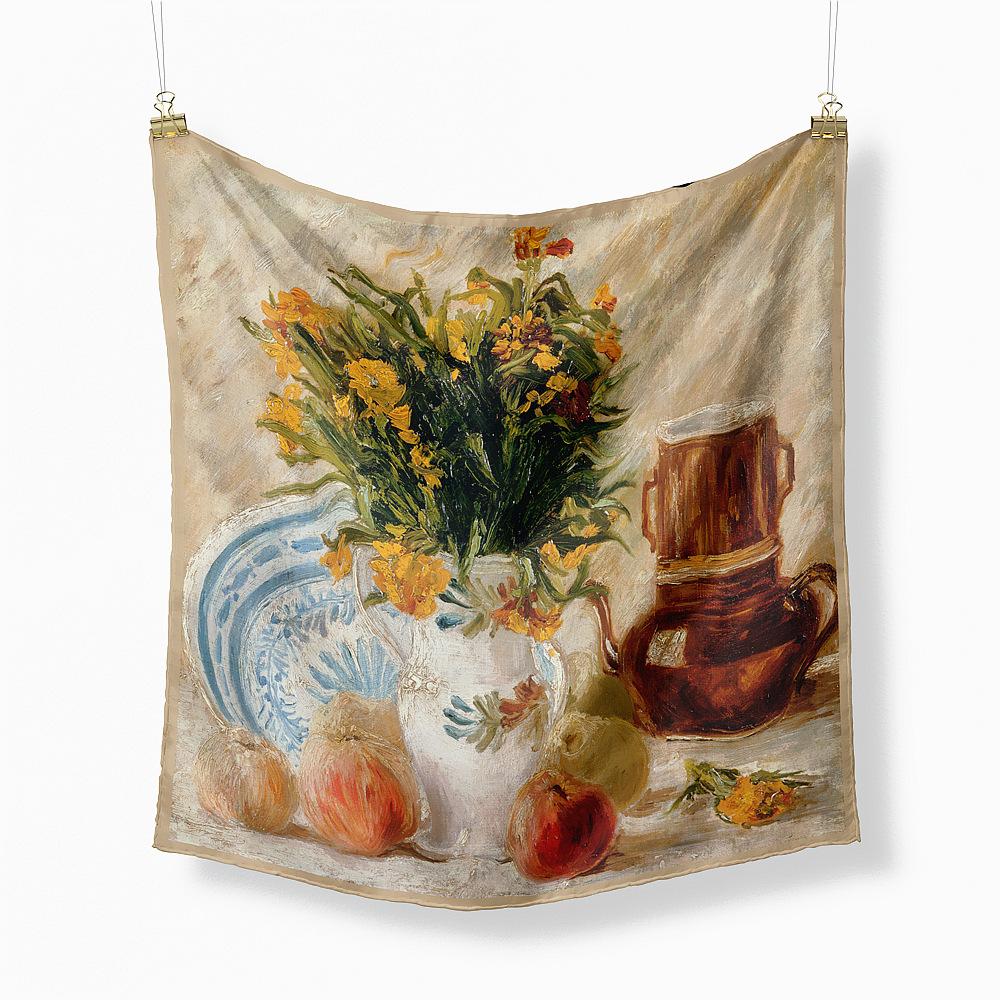 Famous Oil Painting Twill 100% Silk Scarf Fashion Bandana Women Scarf Wraps 53cm Square Scarves Hijab Head Scarf Neckerchief