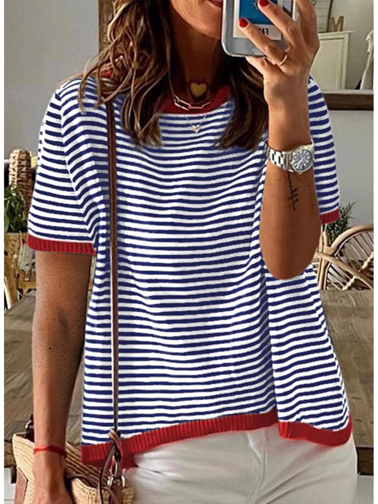 2025 Striped Contrast Knit Sweater: European/American Style, Drop Shoulder, Short Sleeve Top