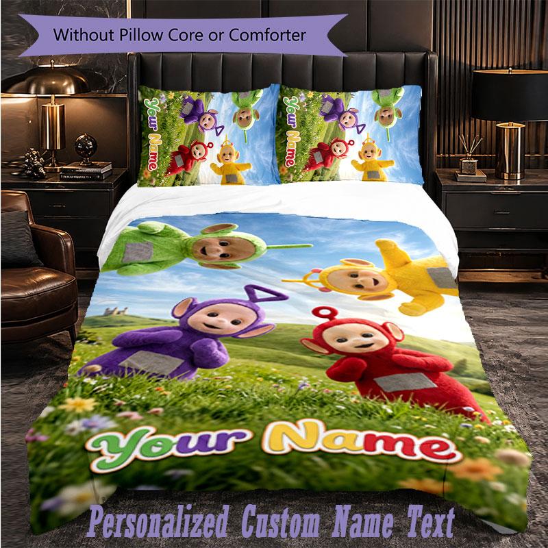 Personalized 3Pcs Bedding SetTeletubbies Custom Text Duvet Cover Pillowcase Set Bedroom Gift