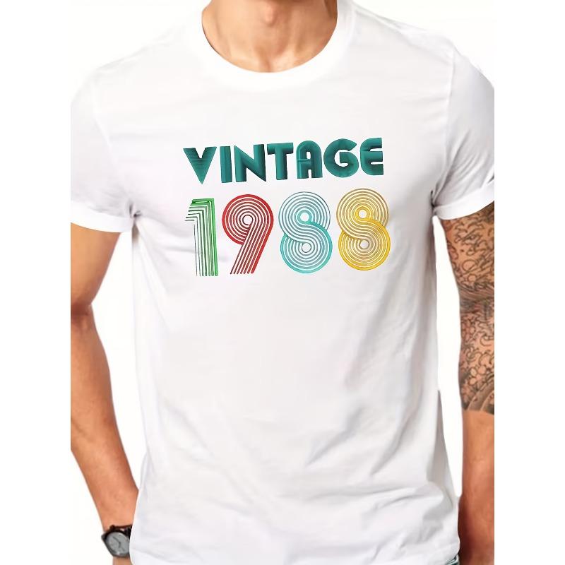 

European sizes White Crew Neck Men s Tee Featuring VINTAGE in Green and Colorful 1988 Design, Unique Stripes 4XL білий