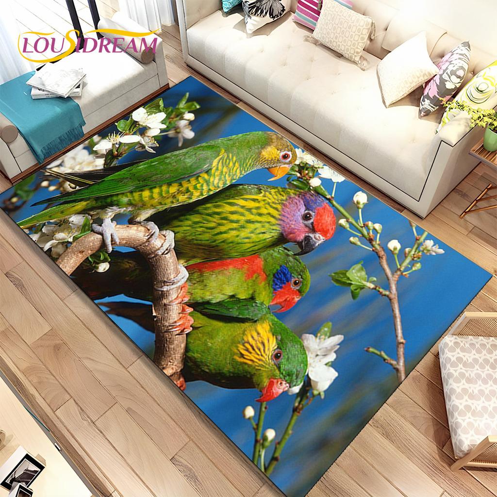 Teppich mit bunten Papageien, Aras und Vögeln, Teppich für Zuhause, Wohnzimmer, Schlafzimmer, Sofa, Fußmatte, Küchendekoration, rutschfeste Bodenmatte für Kinder