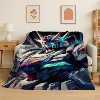 Classic Gundam Cartoon Robot Flannel Blanket Soft Warm Throw Blanket for Bedroom Living Room Bed Travel Camping Picnic Kids