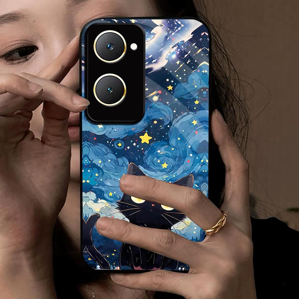 Case for Vivo Y28s 5G Y18 Y18s Y03 Y03t Anime Black Cat Starry Cloud Print Phone Cover Acrylic Hard Back Shell With Flexible TPU Edge