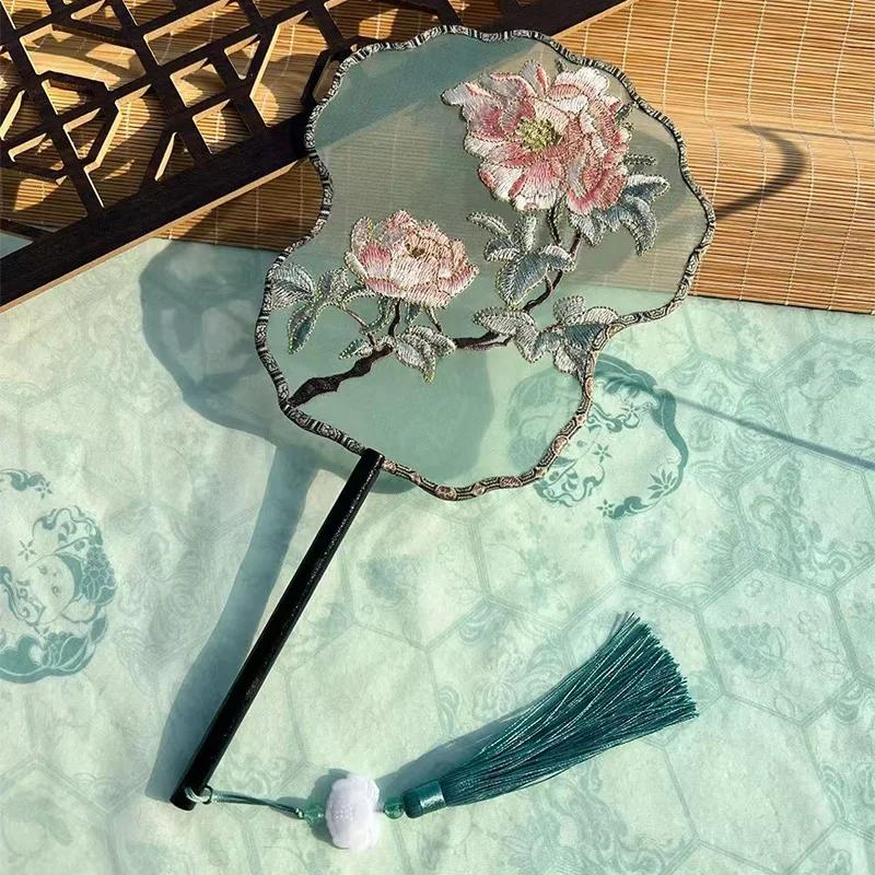 Chinese Style Hanfu Ancient Fan Dance Shooting Long Handled Embroidered Classical Double Sided Fan Female Decorative Fan