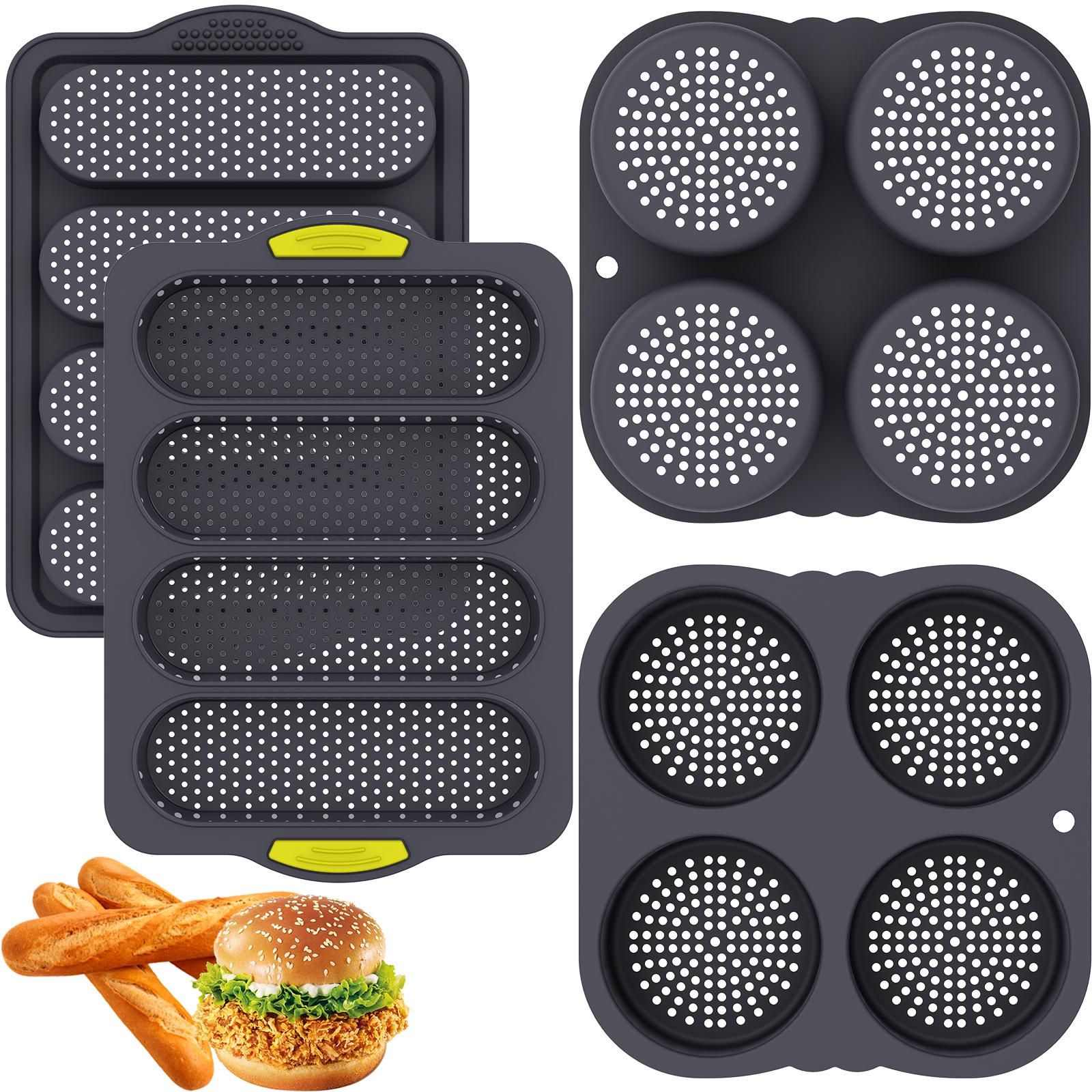 4 Pcs Silicone Baking Mold Hamburger Bun Mold Heat Resistant Burger Bun Baking Pan Bread Loaf Molds for Microwave Baking Tools