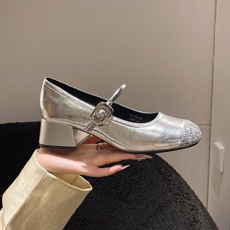 Silver Inner Height Increase Women's Single Shoes with Round Head Soft Sole Flat-soled Ballet Shoes with Mary Jane Shoes Women