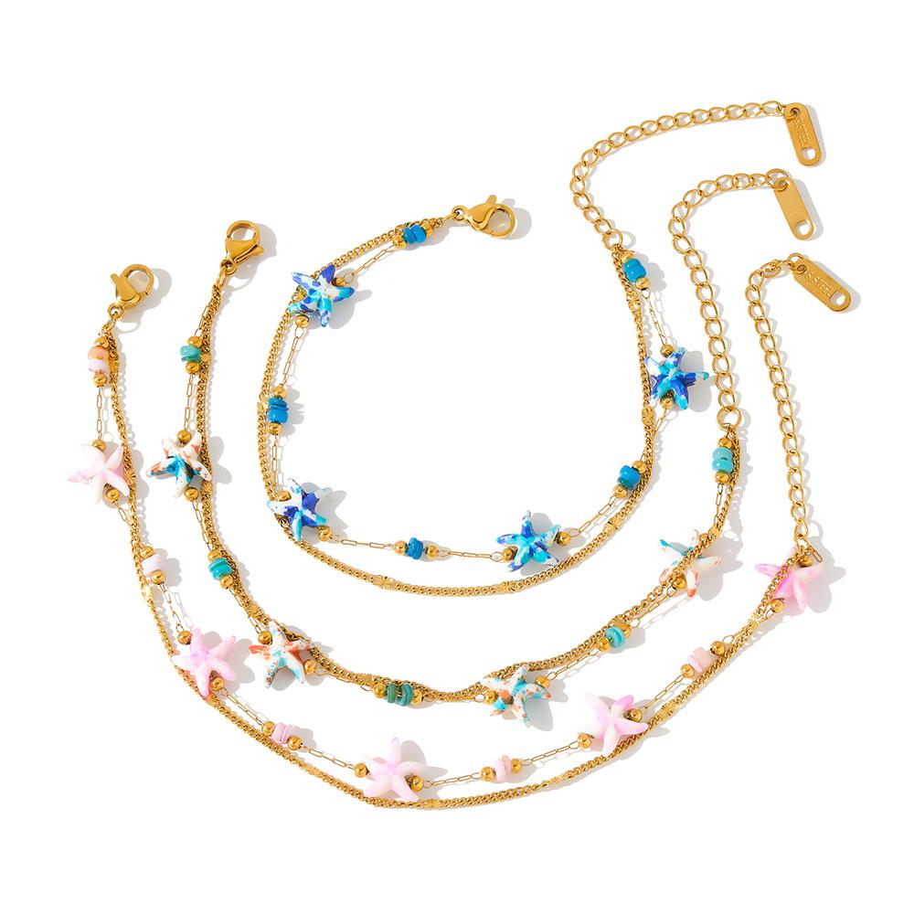 Bohemia Style Multicolour Starfish Beads Double Layer Wrist Bracelet for Women Stainless Steel Gold Color Chain Jewelry Gifts