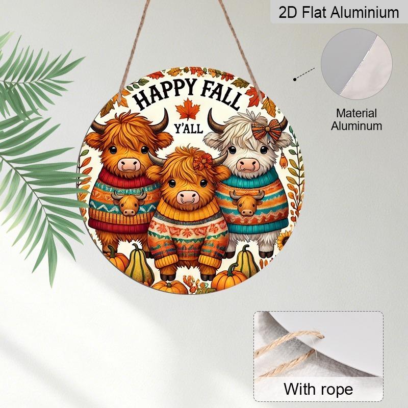 1pc/4pcs Aluminum Decorative Hanging Plaques and Ornaments Sign, Farmhouse Autumn Wall Decor, Happy Fall Highland Cow, Blue Pumpkin & Sweet Harvest