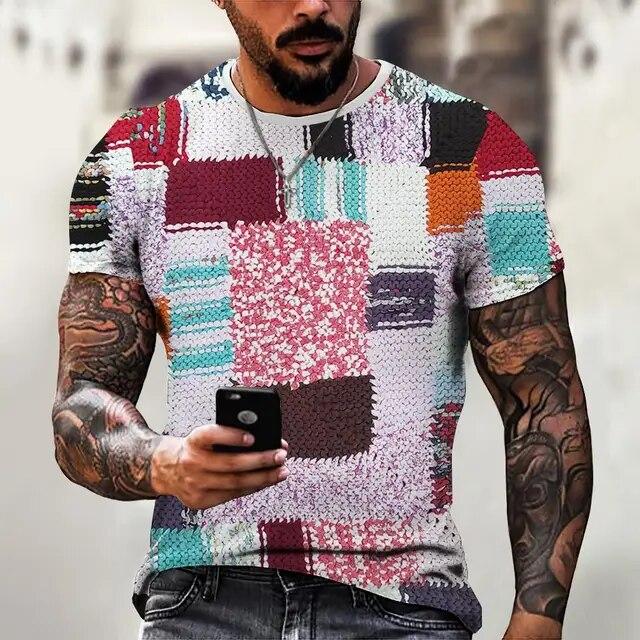 Spliced Men's T-Shirt Retro Short Sleeved Tees Men's Clothing Plaid Pattern Printed T-Shirts Oversized European Tops