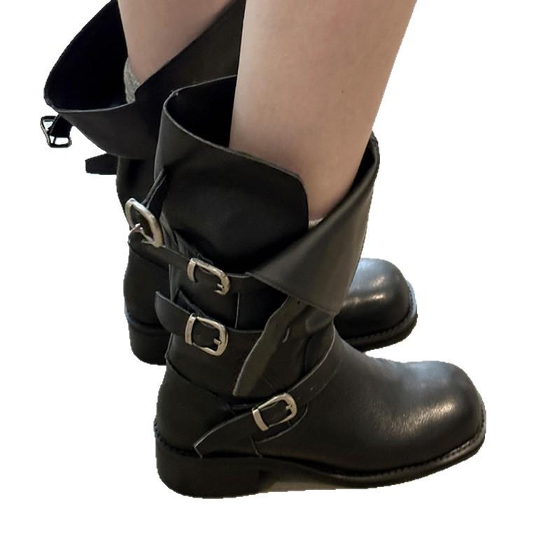 Cowhide Version~ Retro Belt Buckle Medium Tube Knight Boots Women's Thick Heel Round Head Short Boots Slim Straight Western Cowboy Boots