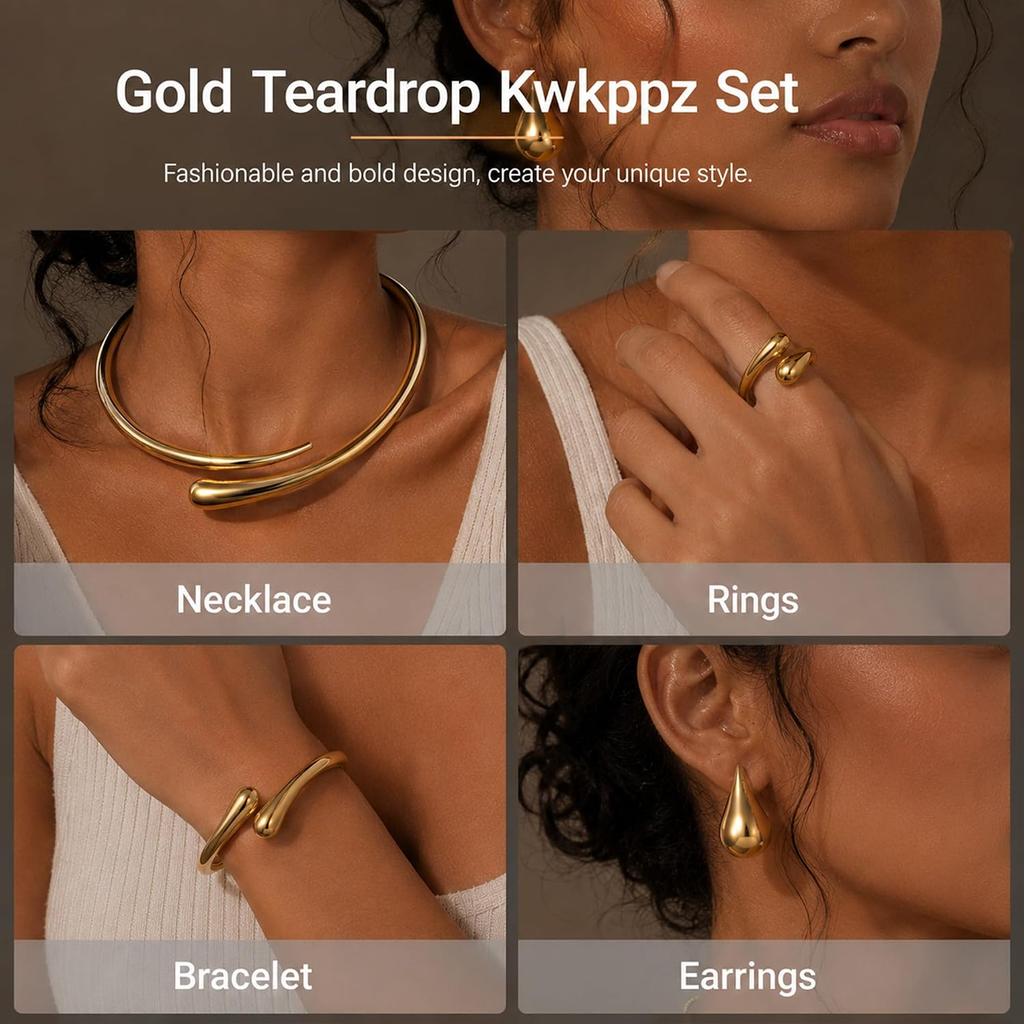 4 Pcs Gold Jewelry Set for Women, 18K Gold Plated Teardrop Necklace, Matching Drop Earrings, Cuff Bracelet and Ring Set, Chunky Dressy Accessories