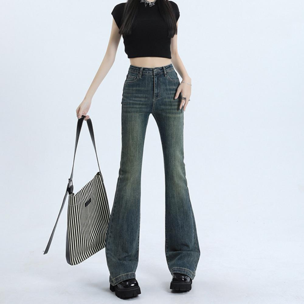 Personalized micro-pull jeans women's spring and autumn new high-waisted horseshoe pants versatile American retro horn jeans