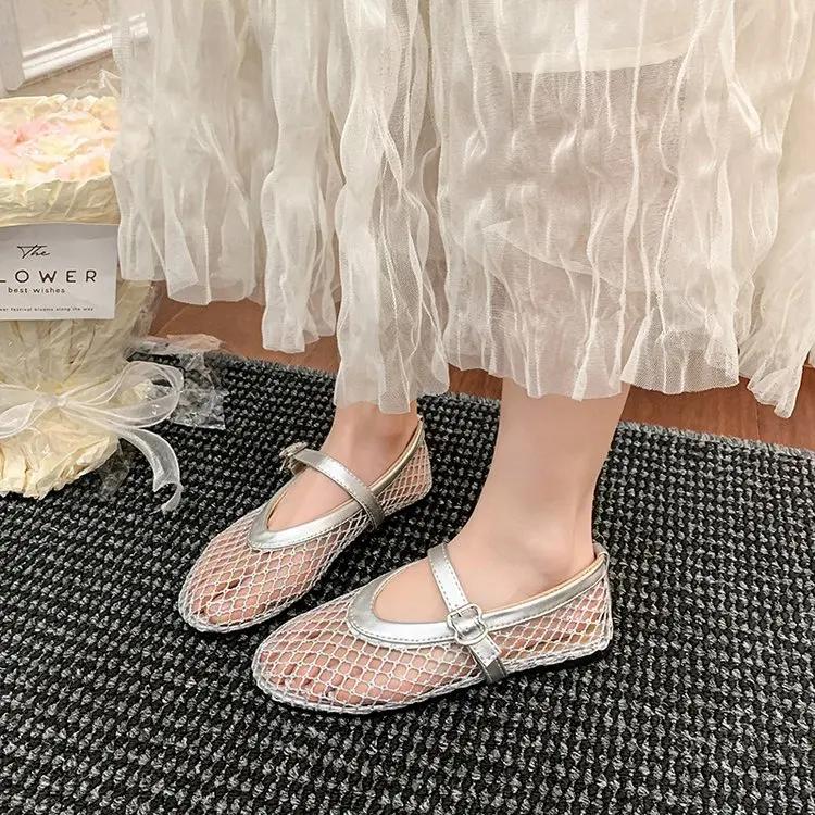 Round Toe One Buckle Strap Ballet Shoes Women's Summer New Flat Shoes Cutout Mary Jane Single Fishnet Shoes