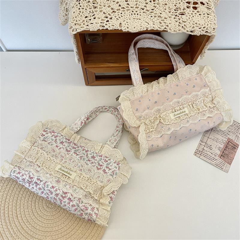 Cute Sweet Lace Floral Handbag Large Capacity Casual Commuting Tote Bag Portable Storage Bag Girl Heart Clutch Cosmetic Bag Gift