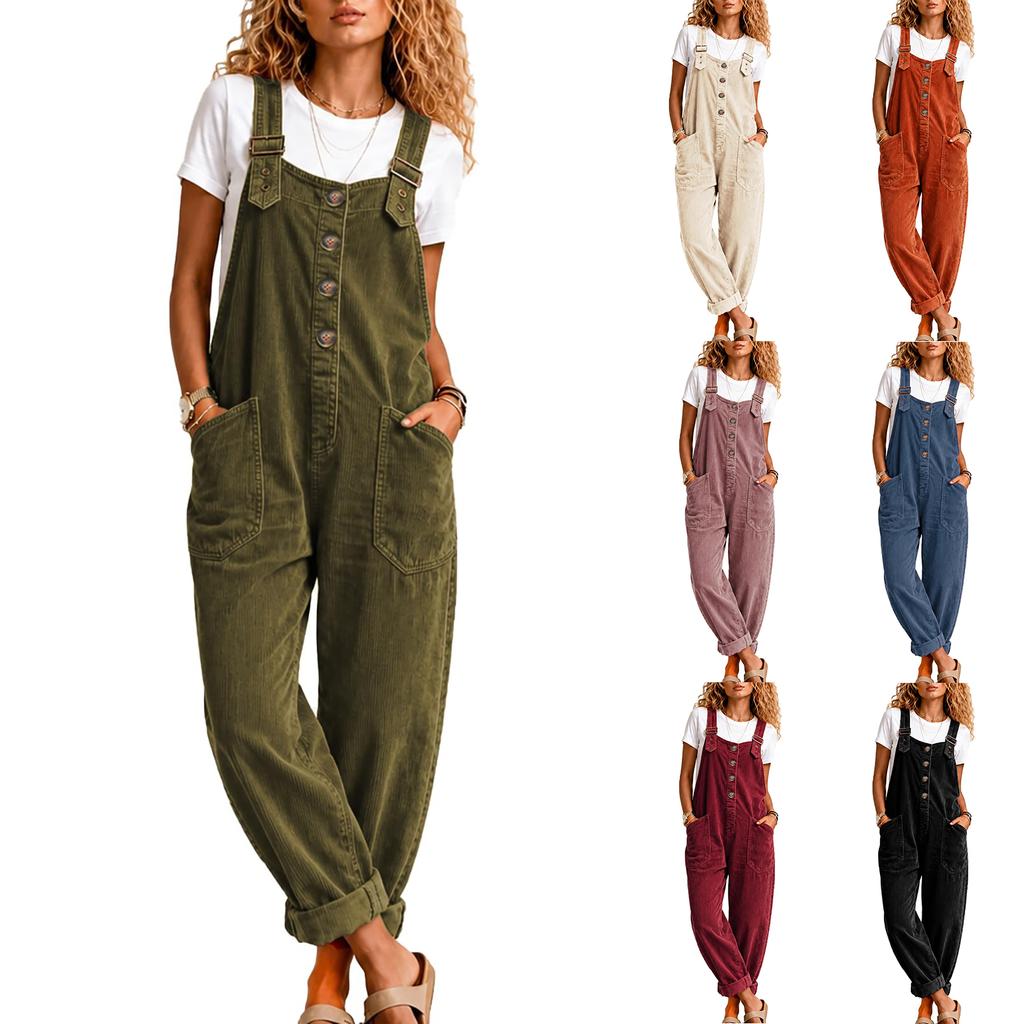 Women's Retro Corduroy Wide Leg Overalls Loose Fit Dungaree Pants