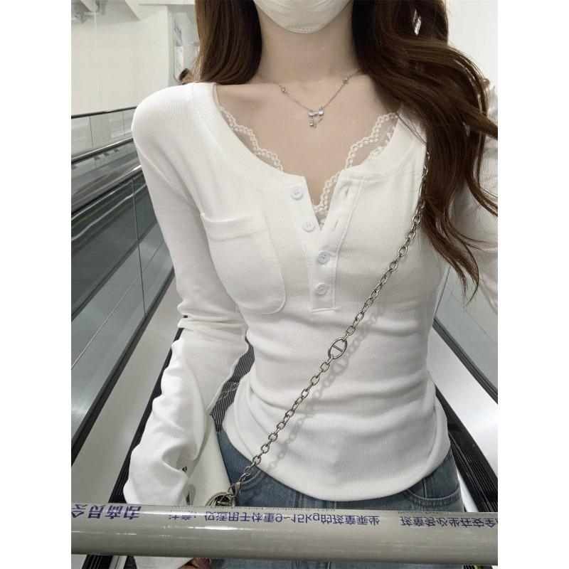 Baby blue half-open neck front shoulder bottom top women's spring and autumn slim-fit sweet hottie long-sleeved shirt with chest pad suspenders