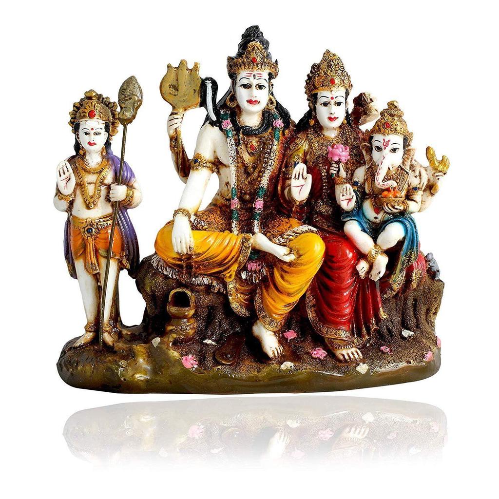 Hand Carved God Shiva Family Resin Statue Idol Sculpture Multicolor | Height 7 Inch/Religious Puja Item-Showpiece