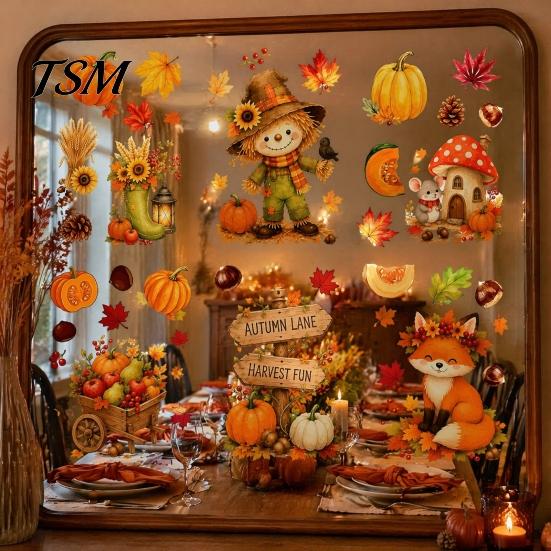 Holiday Window Decals for Glass 6 Sheets Autumn Harvest Stickers, Thanksgiving Cartoon Static Cling Decorations with Party Pumpkins Maple Leaves