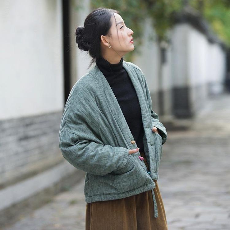 

Winter Warm Coats Chinese Style Vintage Women Linen Parkas Long Sleeve with Pockets One Size зелёный