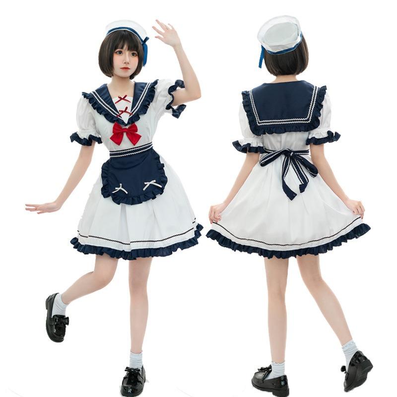 Halloween Navy Collar JK Uniform Suit Lolita Lolita Pure Desire Small Dress Pleated Blue and White Dress Women