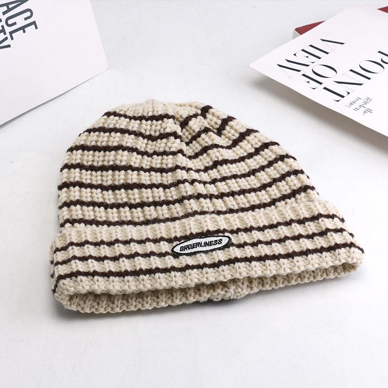 New Autumn and Winter Ins Big Head Knitted Hat Japanese Striped Wool Hat Korean Style Versatile Student Warm Hat Women