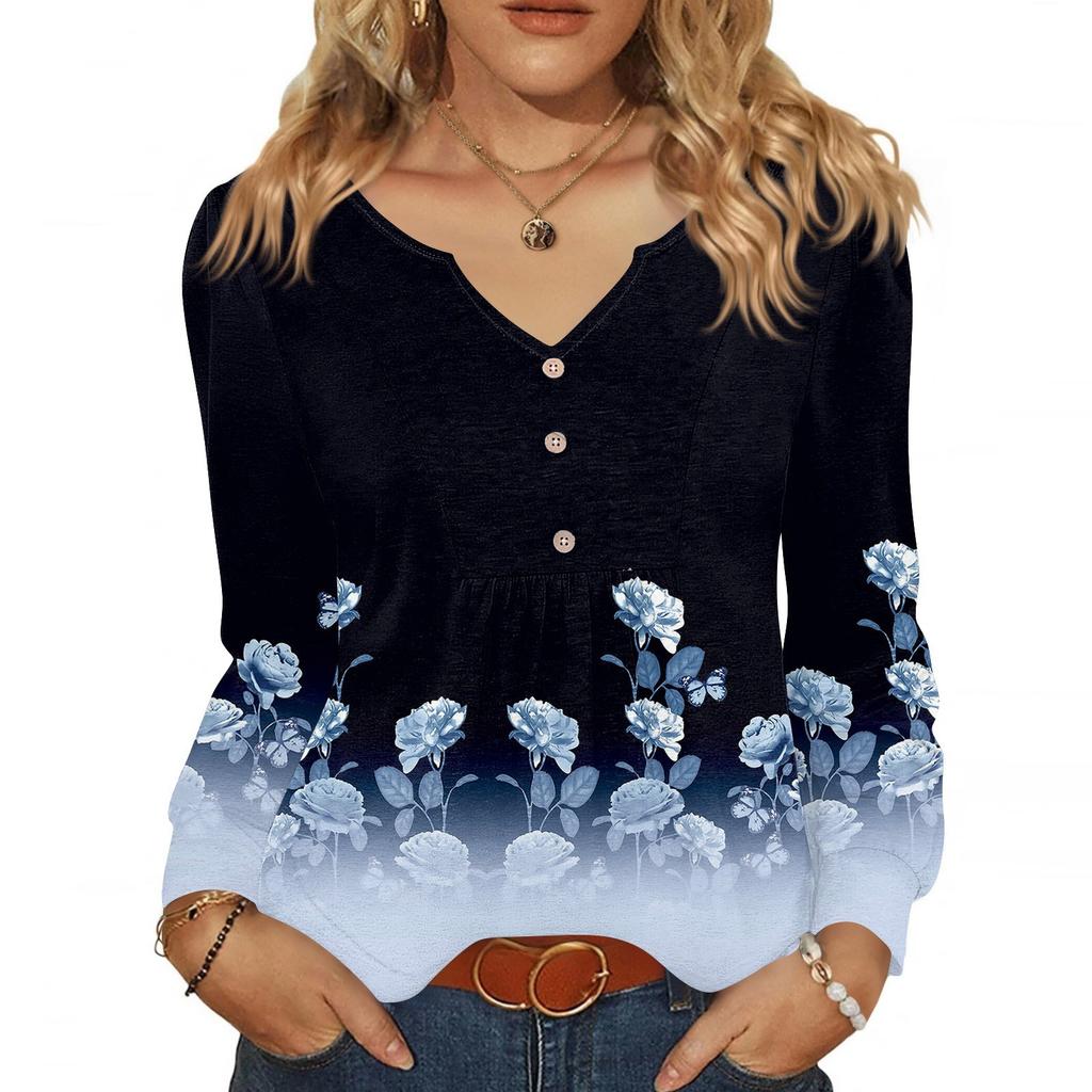 Women's Fashionable Casual V-neck Blouse Button Long-sleeved Pullover T-shirt Top