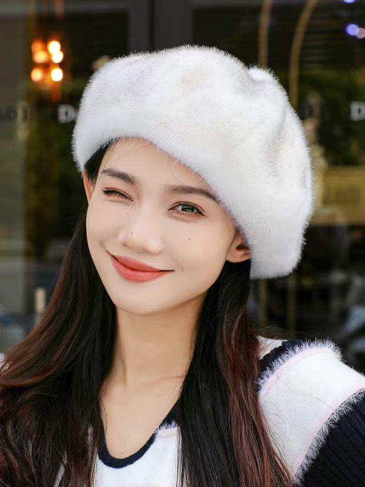 Artificial Fur Women's Velvet Hat Winter Outdoor Travel Warm Hat Imitation Leather Eight-pointed Hat Noble Quality Fashion Imitation Mink Fur Beret