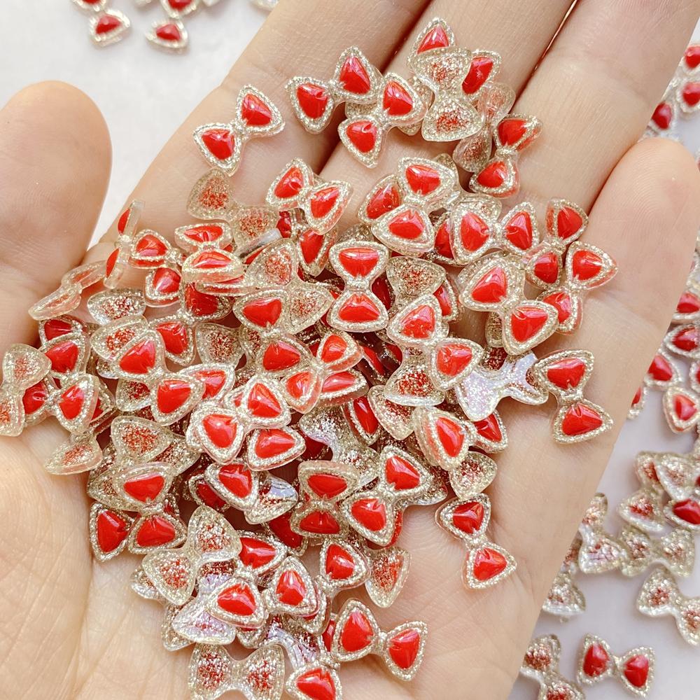 50Pcs Cute Cartoon Mini The Red Bow Nail Art Resin Designer Charms DIY Craft For Nail 3D Decorations Jewelry