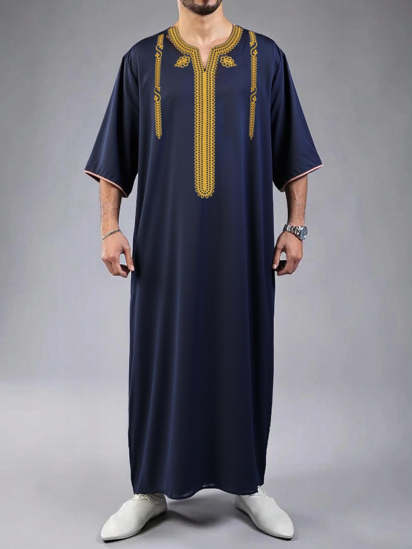 

2026 Men s Red Embroidered Mid-Length Sleeve Middle Eastern Robe S